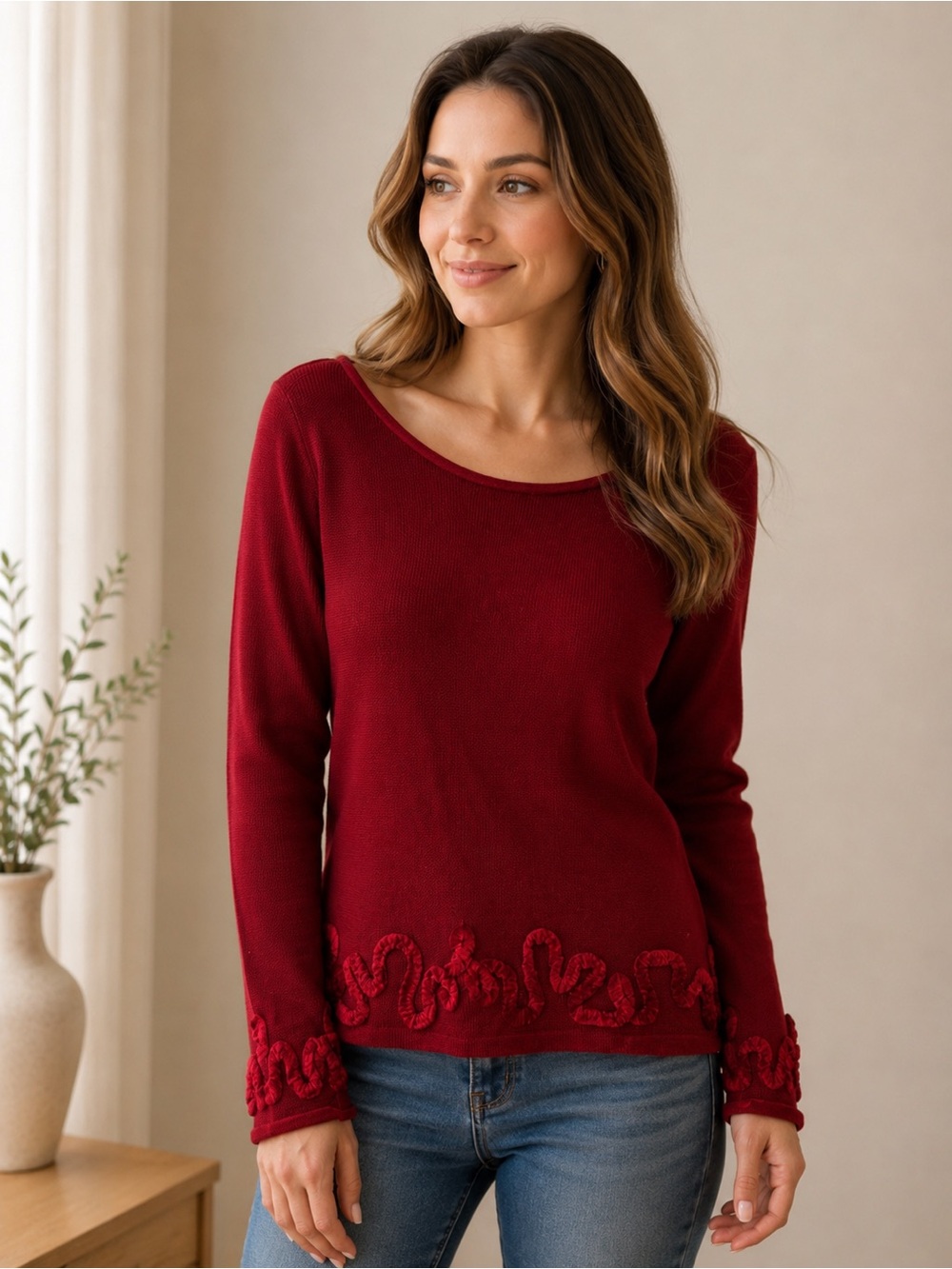 Saint Tropez West Burgundy Knit Sweater with Ruffle Trim | Small